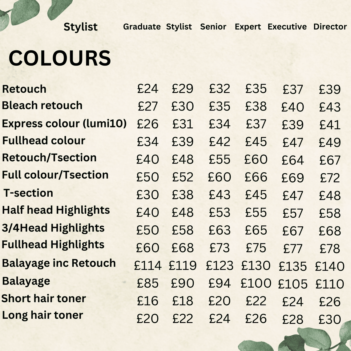 Bridal Colours Price Guide