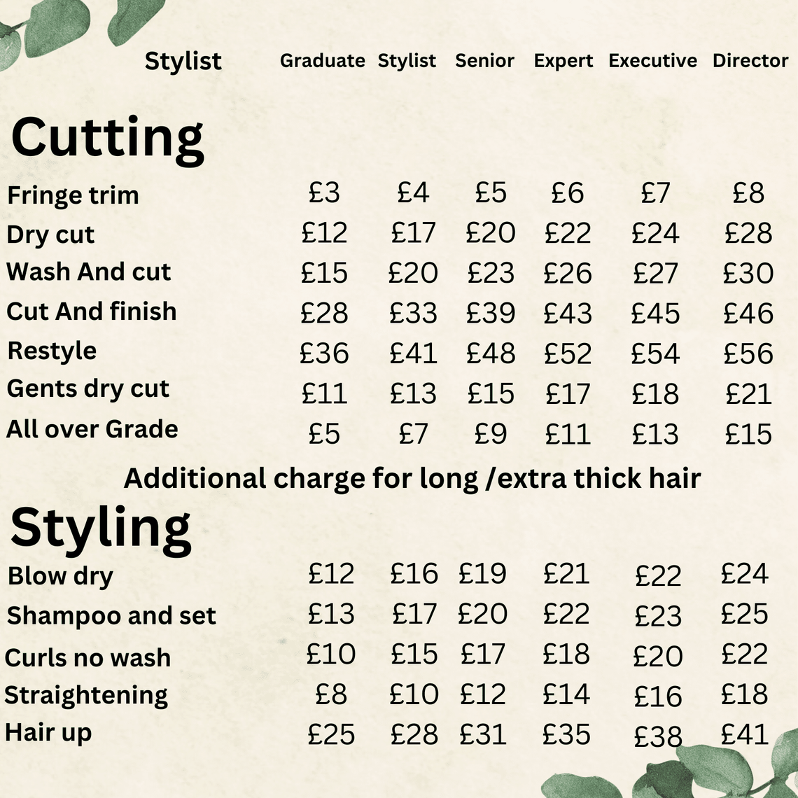 Cutting Price List